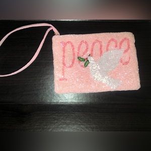 BEADED PINK WRISTLET COIN PURSE ‘Peace with White Dove’ by Liz Claiborne